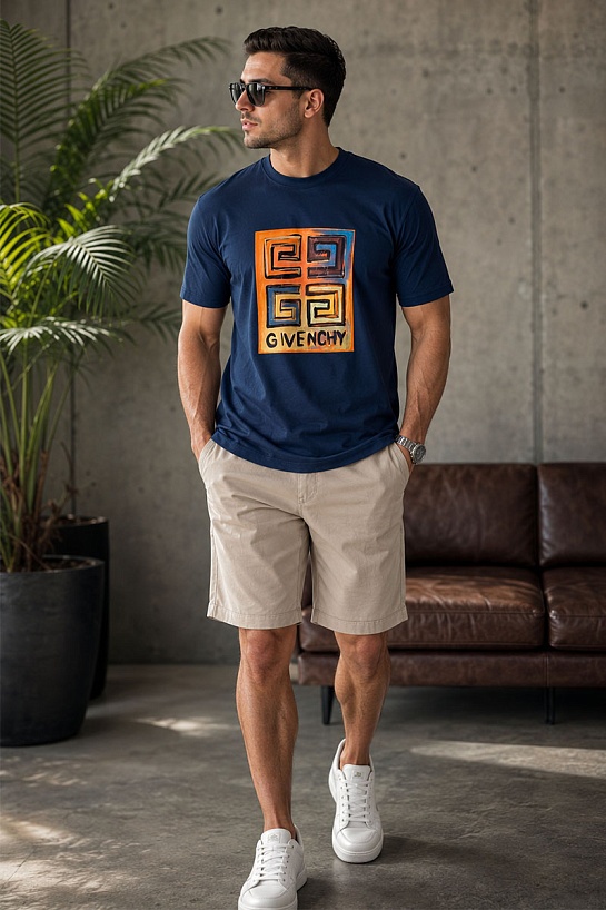 Мужская тёмно-синяя футболка Givenchy 4G logo print