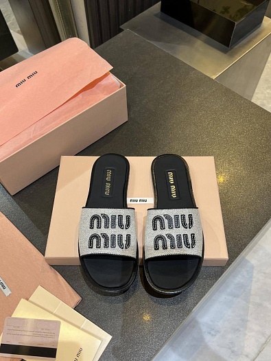 Женские кожаные шлёпанцы MIU MIU Premium - Black   