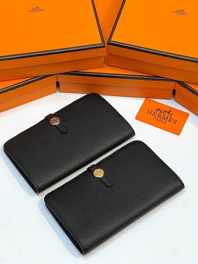 Кожаный кошелёк Hermes Dogon Duo - Black 19.5x12 см   