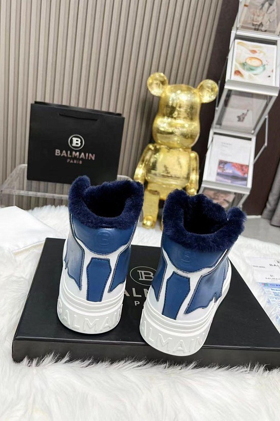 Кожаные кроссовки с мехом Balmain high-top - Blue / White
