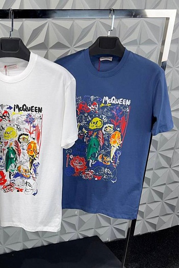 Мужская синяя футболка Alexander McQueen graphic skull   