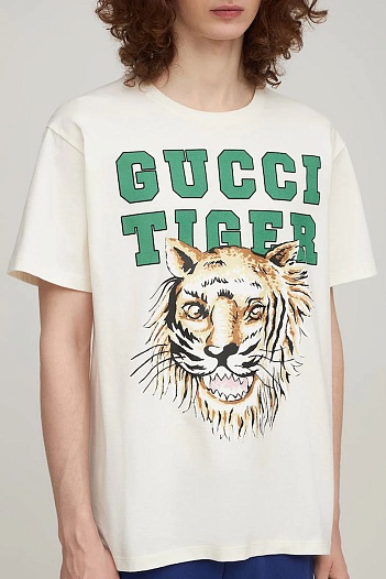 Белая оверсайз футболка Gucci Tiger logo print   