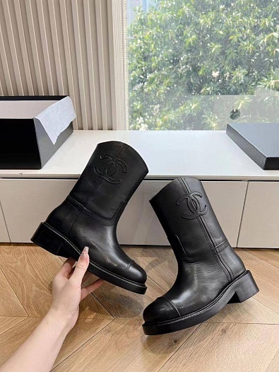 Женские кожаные сапоги Chanel Premium - Black   