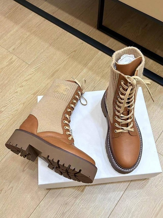 Женские комбинированные ботинки Celine Premium - Brown