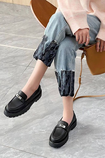 Женские кожаные лоферы Hermes Premium - Black   