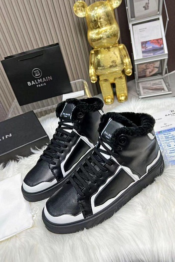 Кожаные кроссовки с мехом Balmain high-top - Black / White   