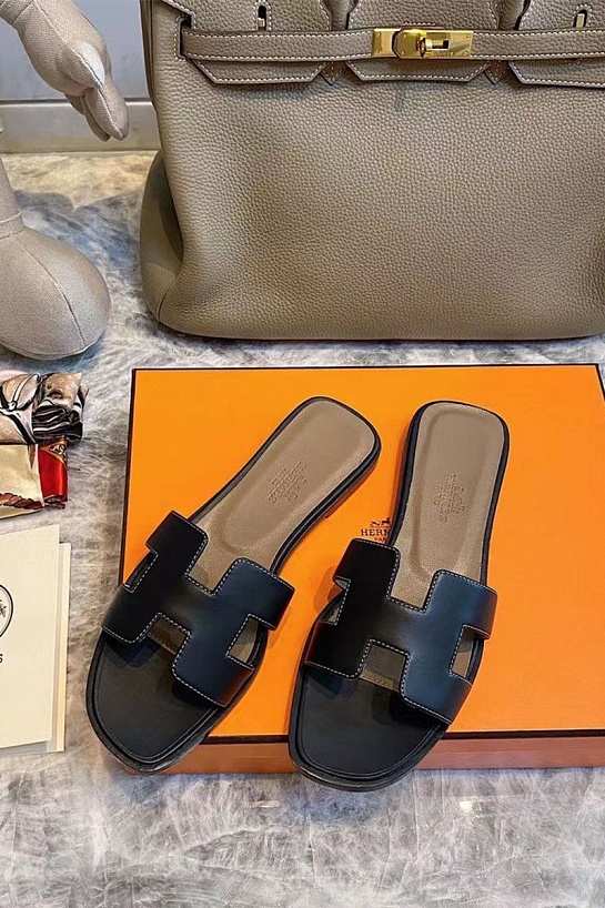 Женские кожаные шлёпанцы Hermes Premium - Black