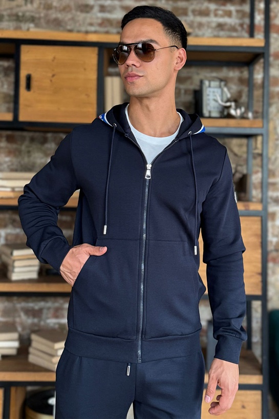 Тёмно-синяя кофта на молнии Moncler striped logo