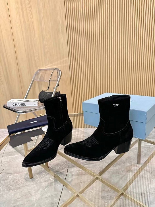 Женские замшевые сапоги Prada premium - Black