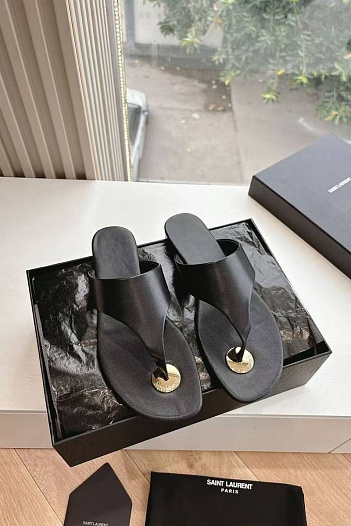 Женские кожаные шлёпанцы Yves Saint Laurent Premium - Black   