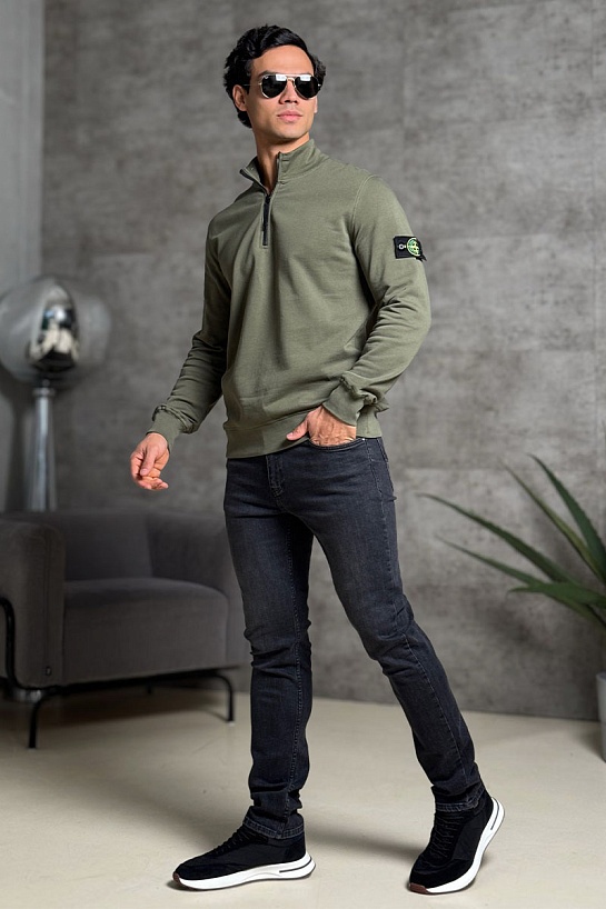 Мужская зелёная кофта с патчем на плече Stone Island Zip Neck