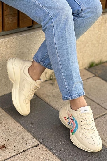 Женские кожаные кроссовки The North Face x Gucci Rhyton - Beige   