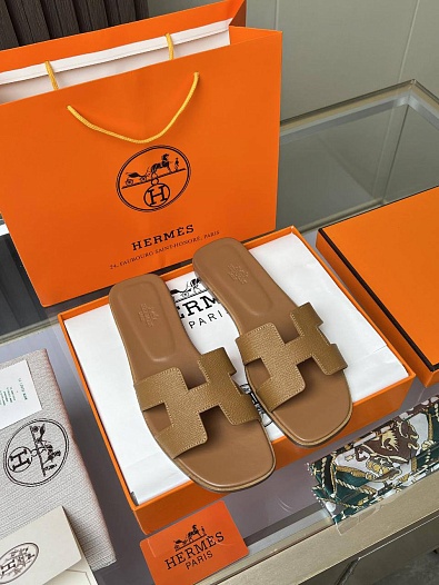 Женские кожаные шлёпанцы Hermes Premium - Chestnut   