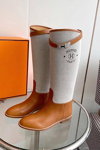 Женские кожаные сапоги Hermes Premium - Brown / White   