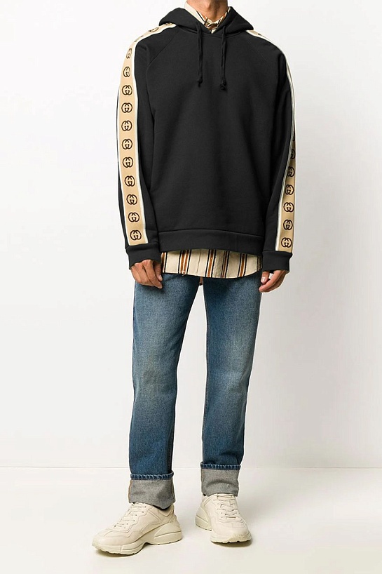 Чёрное оверсайз худи Gucci Interlocking G stripe