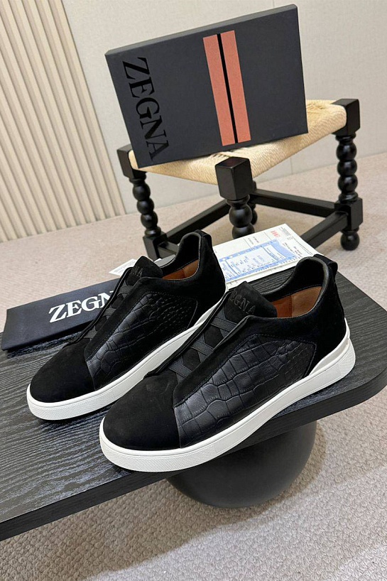 Мужские кроссовки Zegna Triple Stitch Alligator - Black