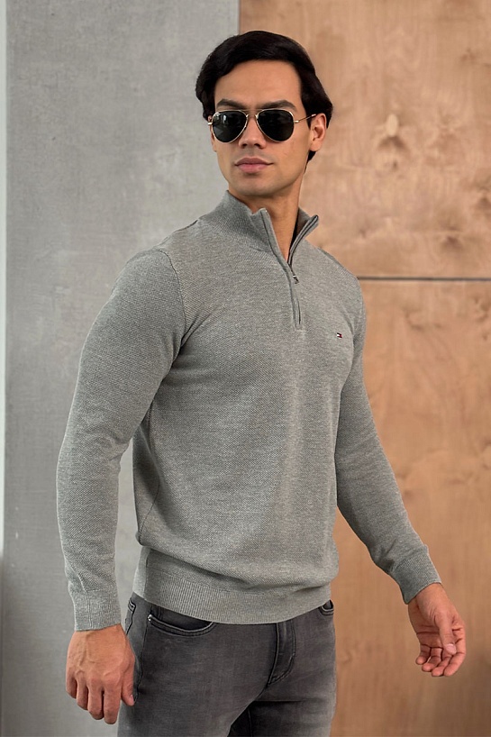 Серый джемпер Tommy Hilfiger Zip Neck logo-embroidered