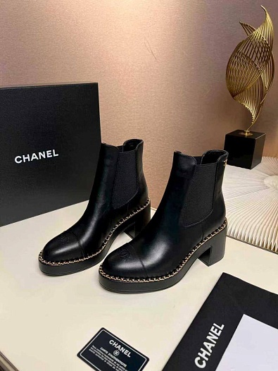 Женские кожаные сапоги Chanel premium - Black   
