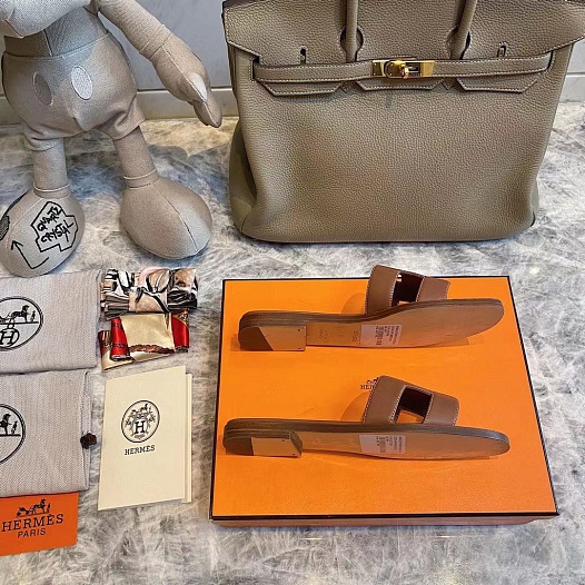 Женские кожаные шлёпанцы Hermes Premium - Brown   