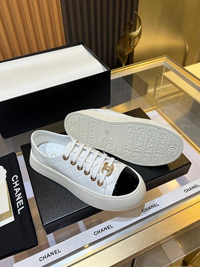 Женские кожаные кроссовки Chanel Premium - White / Black   