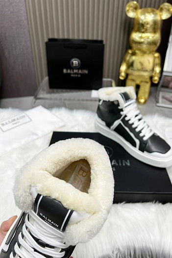 Кожаные кроссовки с мехом Balmain high-top - Black / White   