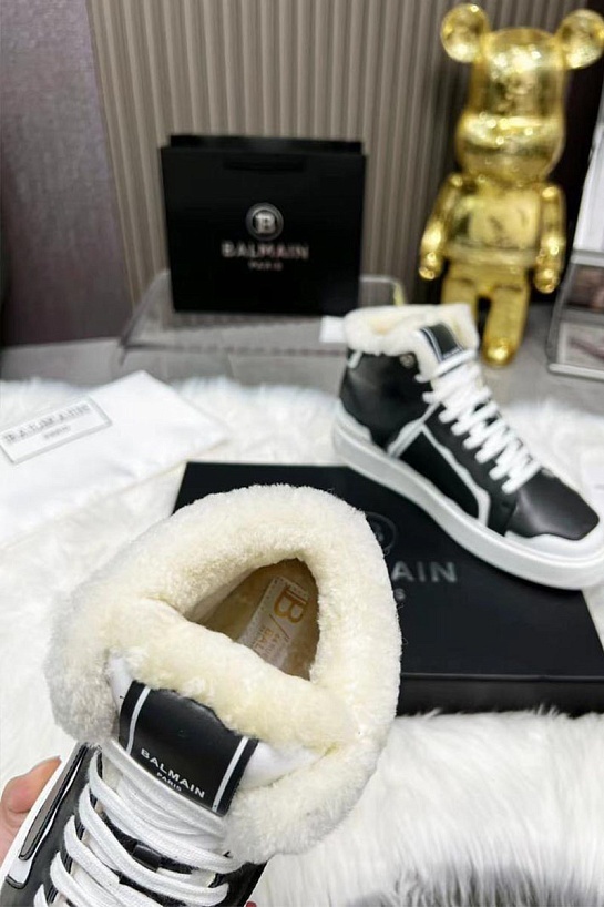 Кожаные кроссовки с мехом Balmain high-top - Black / White