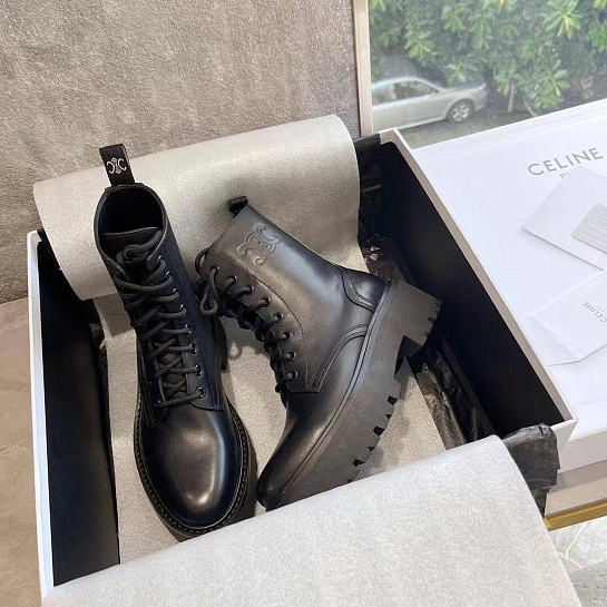 Женские кожаные ботинки с мехом Celine premium - Black