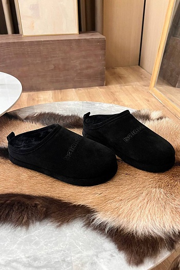 Замшевые чёрные слипоны Balenciaga с мехом   