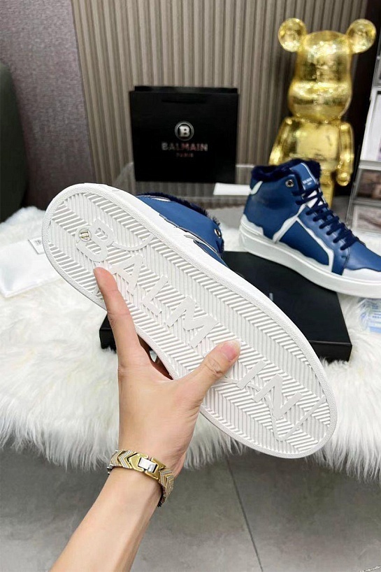 Кожаные кроссовки с мехом Balmain high-top - Blue / White