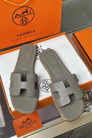 Женские кожаные шлёпанцы Hermes Premium - Grey   