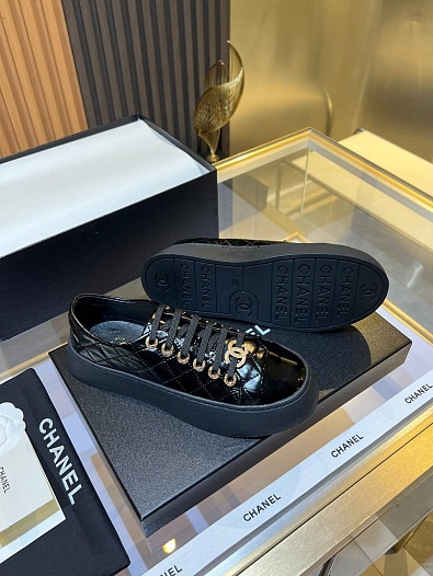 Женские кожаные кроссовки Chanel Premium - Black   