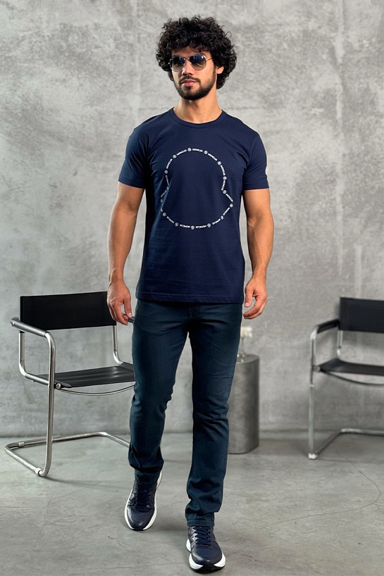 Тёмно-синяя брендовая футболка Moncler Logo Outline