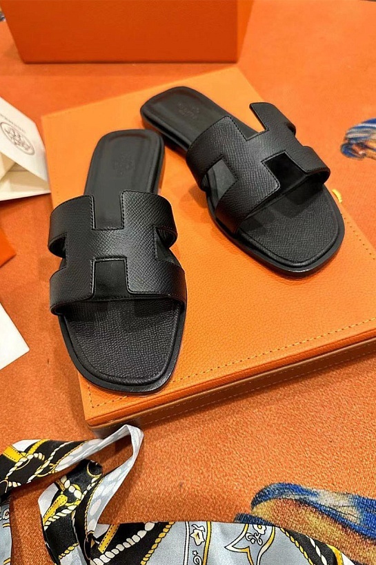 Женские кожаные шлёпанцы Hermes Premium - Black