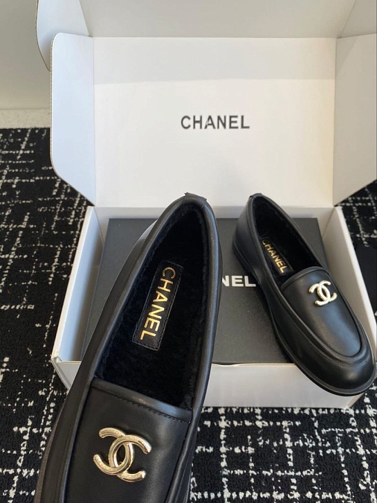 Женские кожаные лоферы с мехом Chanel Premium - Black