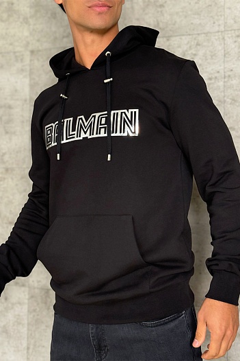 Мужское чёрное худи Balmain Reflecting logo   