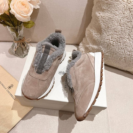 Женские замшевые кроссовки с мехом Brunello Cucinelli Premium   