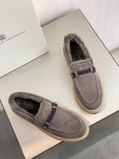 Женские замшевые лоферы с мехом Brunello Cucinelli Premium - Grey   
