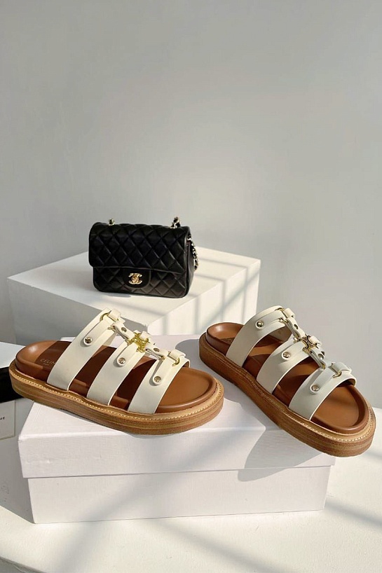 Женские кожаные шлёпанцы Celine Tippi - White