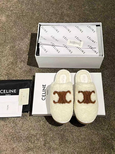 Женские меховые шлёпанцы Celine Triomphe premium   