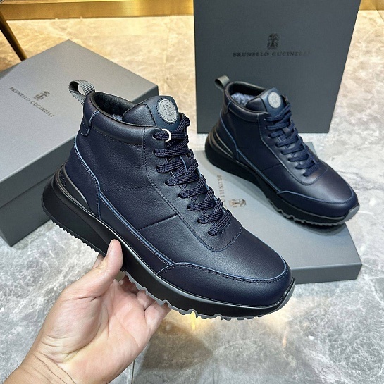 Кожаные кроссовки с мехом Brunello Cucinelli high-top - Navy