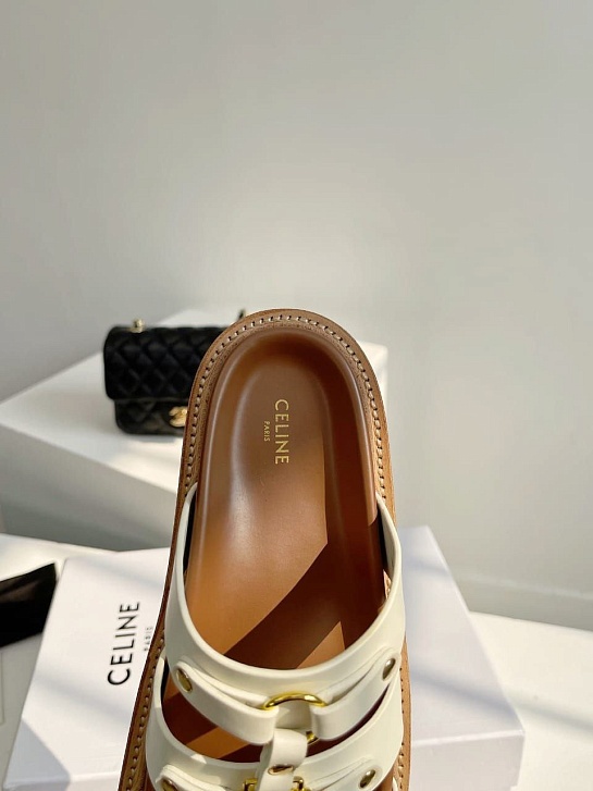 Женские кожаные шлёпанцы Celine Tippi - White