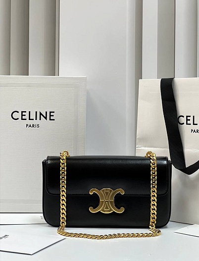 Женская кожаная сумка Celine Claude Premium 20.5x11.5x4 см - Black / Gold   