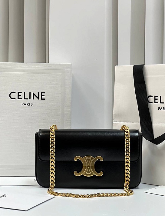 Женская кожаная сумка Celine Claude Premium 20.5x11.5x4 см - Black / Gold