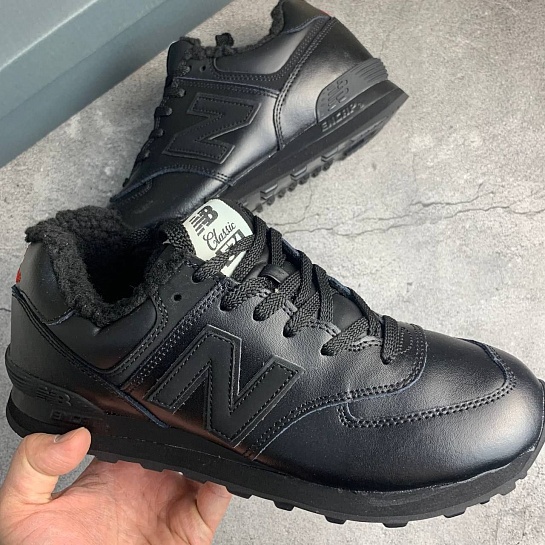 Зимние кроссовки с мехом New Balance 574 Leather - Black 