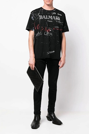 Мужская чёрная футболка Balmain graffiti-print   