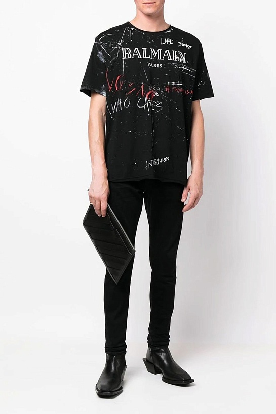 Мужская чёрная футболка Balmain graffiti-print