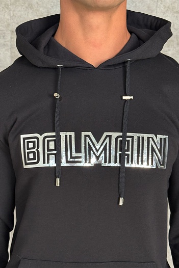 Мужское чёрное худи Balmain Reflecting logo   