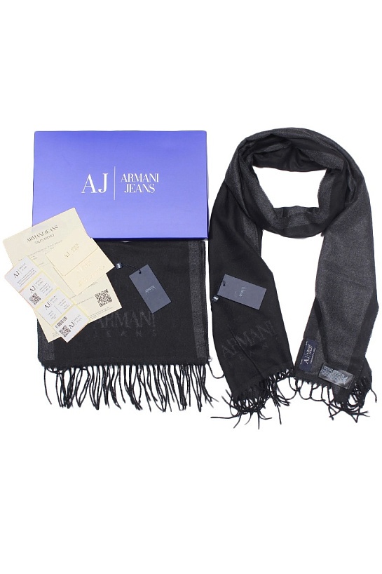 Брендовый чёрный шарф с логотипом Armani Jeans 185x35 см