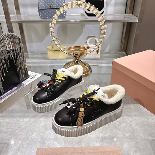 Женские кожаные кроссовки с мехом MIU MIU premium   
