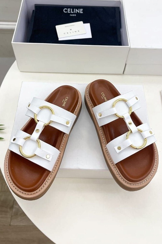 Женские кожаные шлёпанцы Celine Tippi - White
